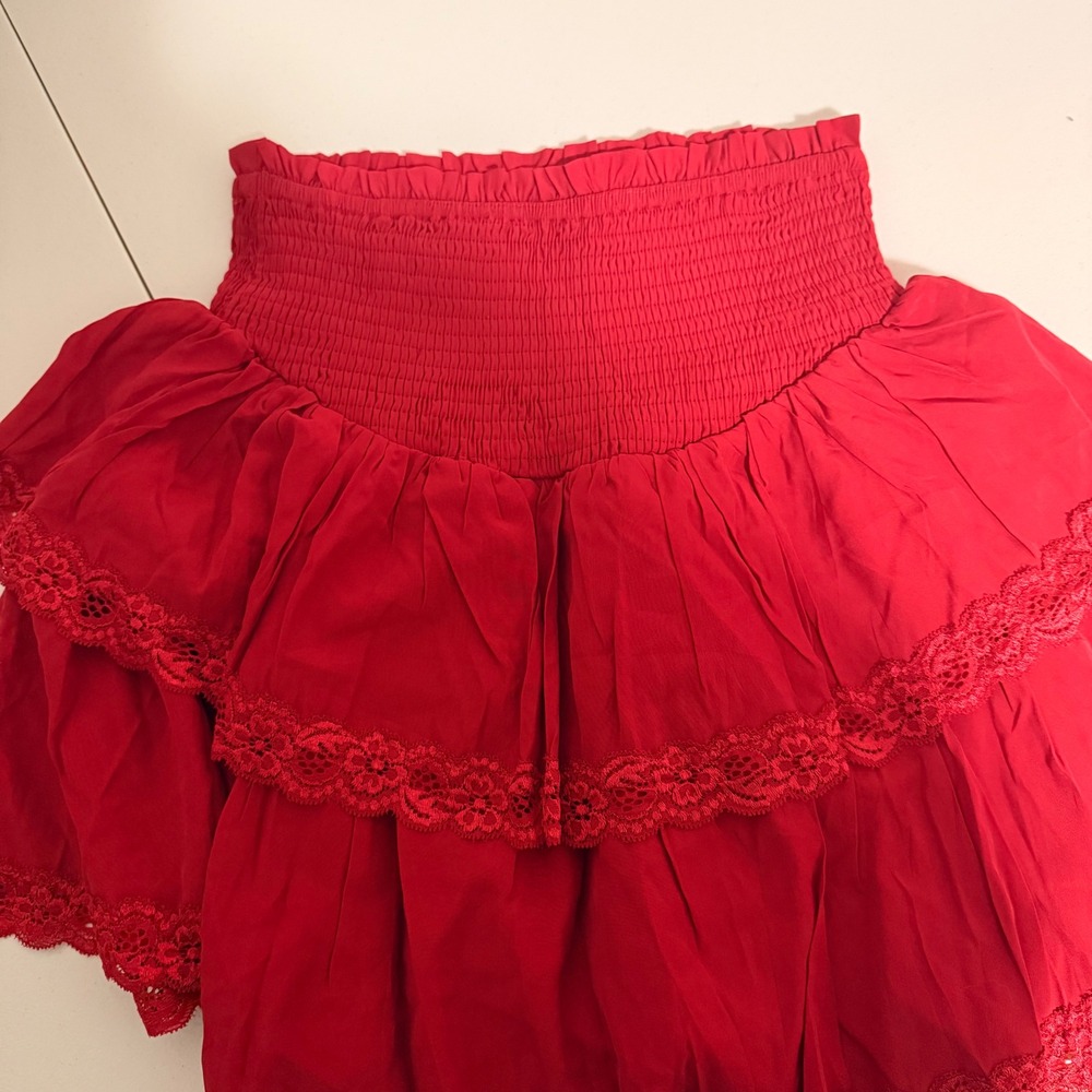Red Smocked Tiered Ruffle Lace Trim Mini Skirt Women Small Boho Coquette